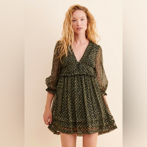 Urban Outfitters Chiffon Metallic Green/Black/Gold Long Sleeve Dress - Picture 5 of 5